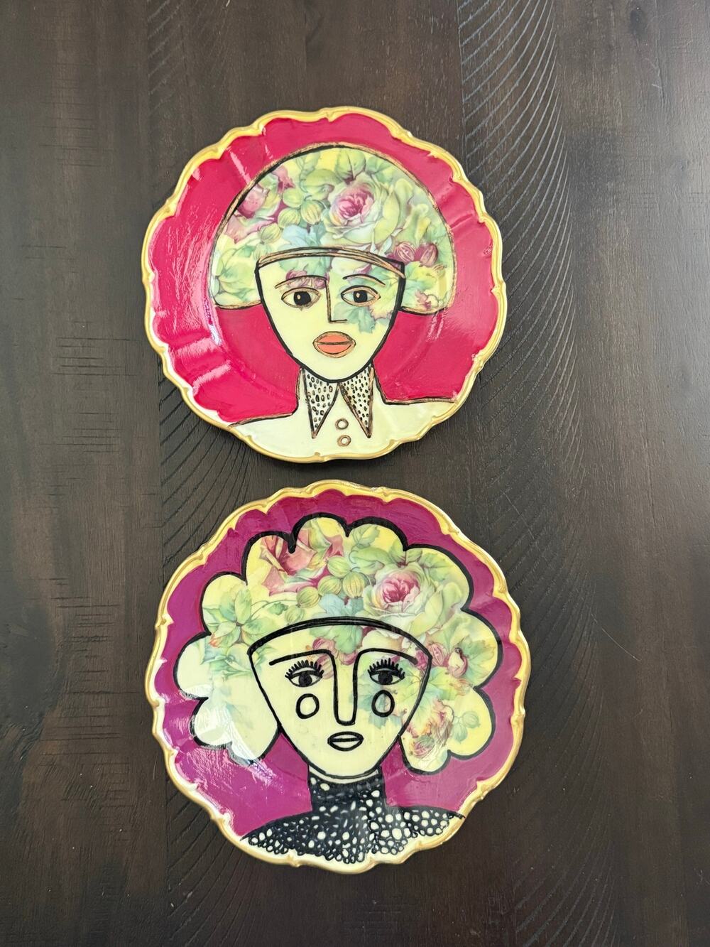 Set of 2 Hand-Painted Portrait Plates Repurposed German China Folk Art Decor